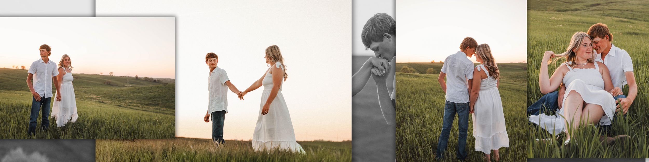 A couple in wedding attire embrace and dance in an outdoor field at sunset.