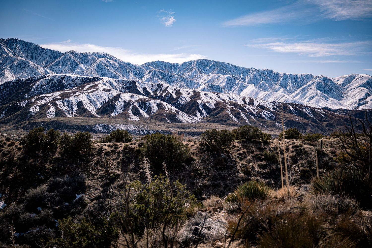 Snow-capped mountain range rises above desert scrubland under blue sky with light clouds.