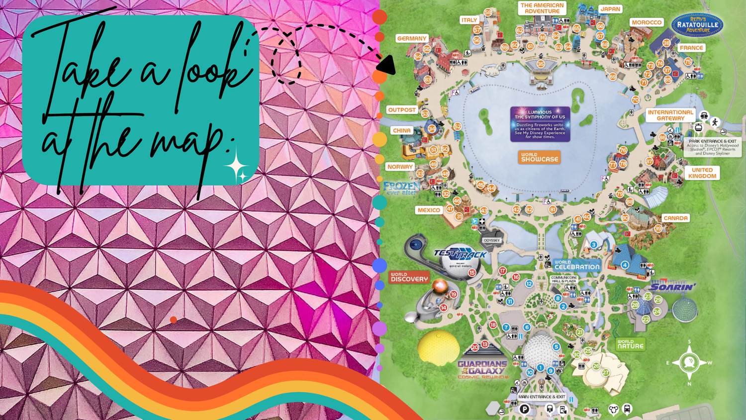 Collection of Disney park maps and wayfinding elements with colorful geometric design accents.
