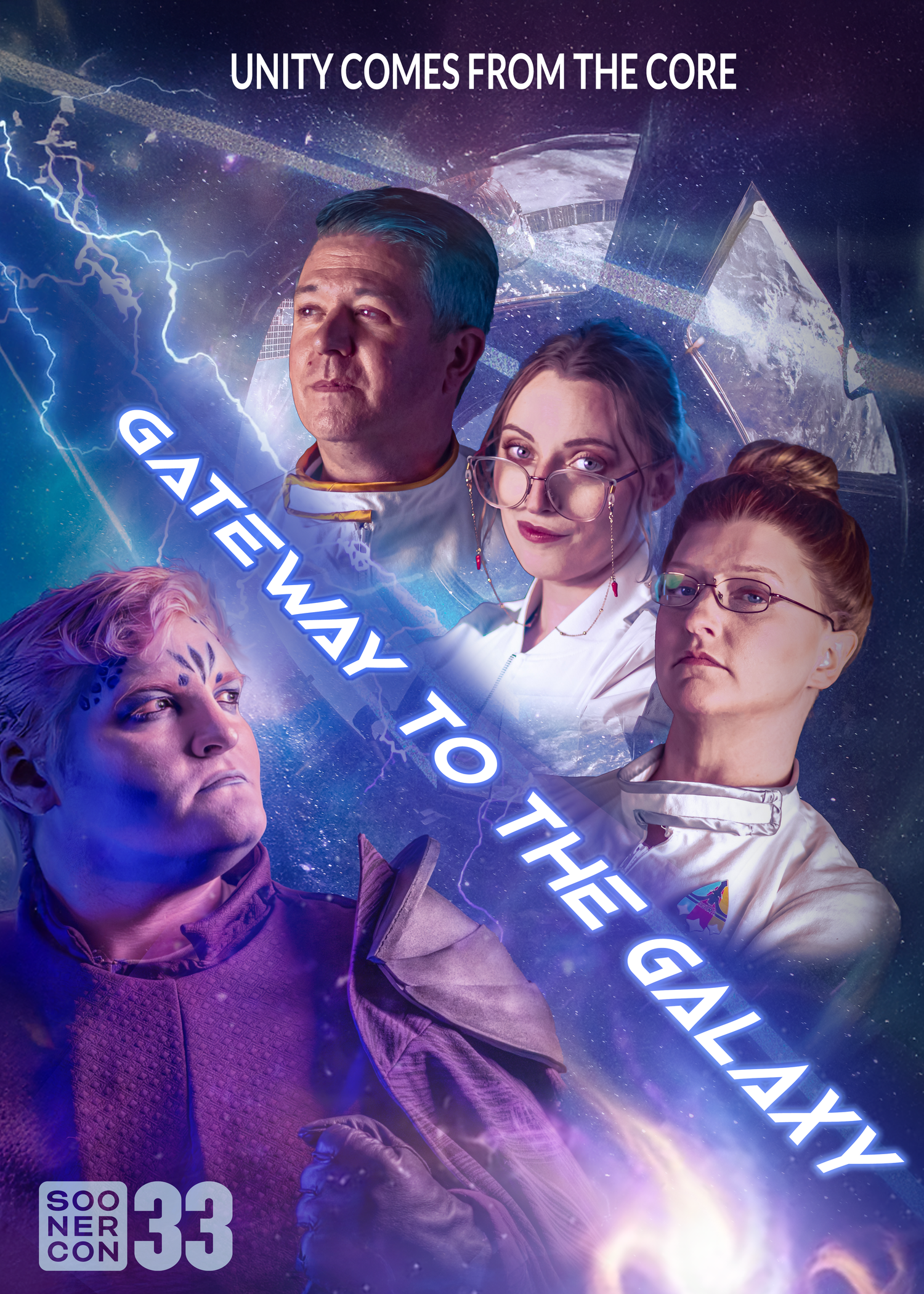 Promotional movie poster featuring stylized sci-fi design with blue lightning and text 'Gateway to the Galaxy' against dark background.