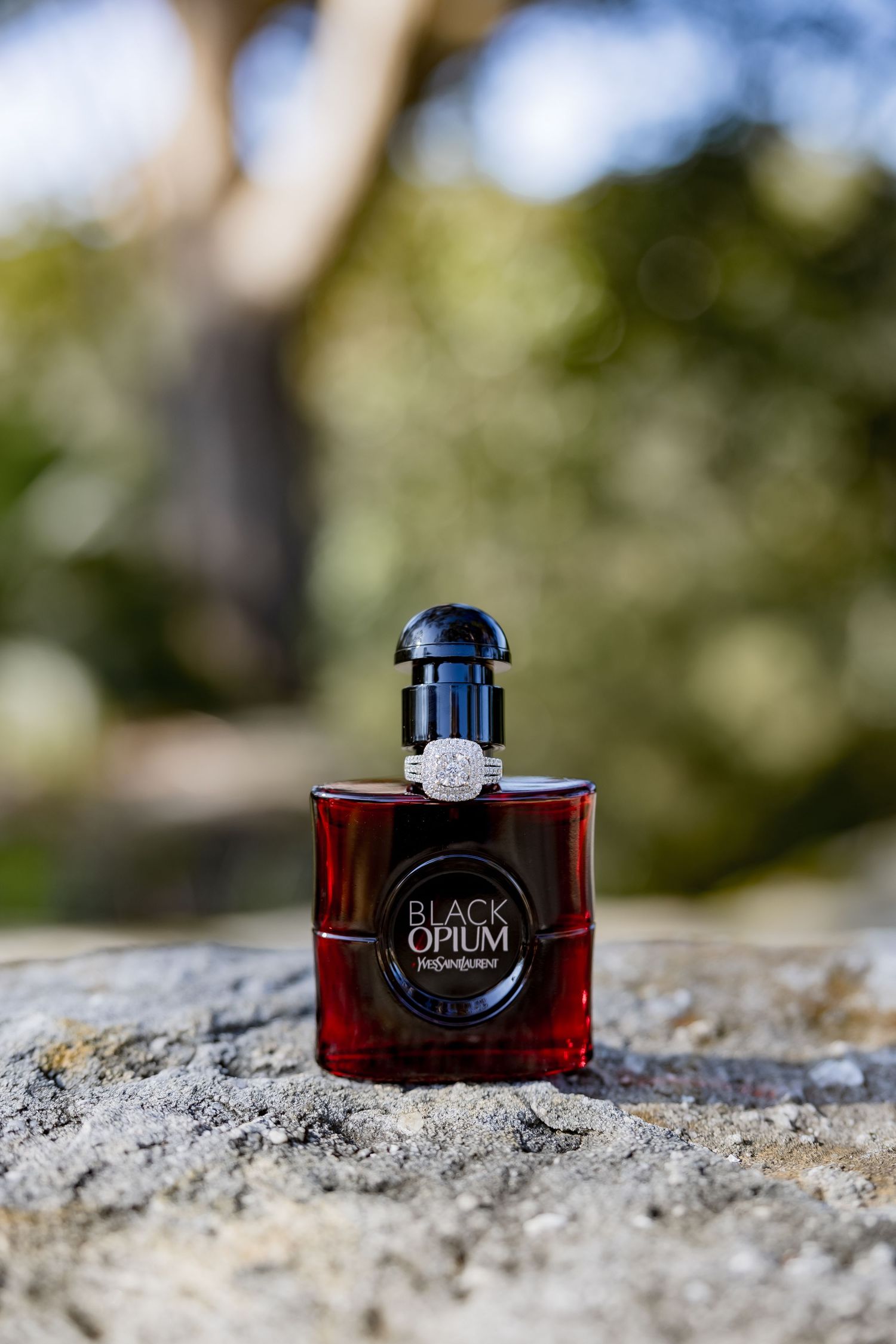 Bottle of Black Opium perfume sitting on a rocky surface with blurred natural background.