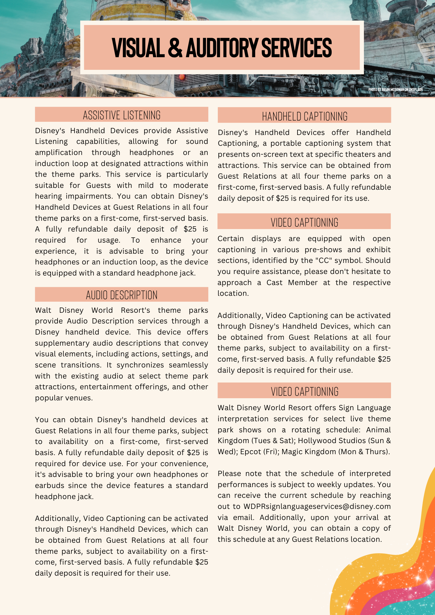 Detailed information about Disney's visual and auditory services including assistive listening devices.