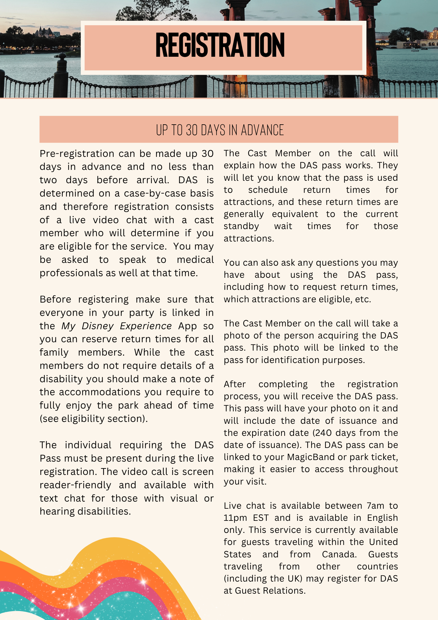 An instructional page describing the registration process for Disney's disability access program.
