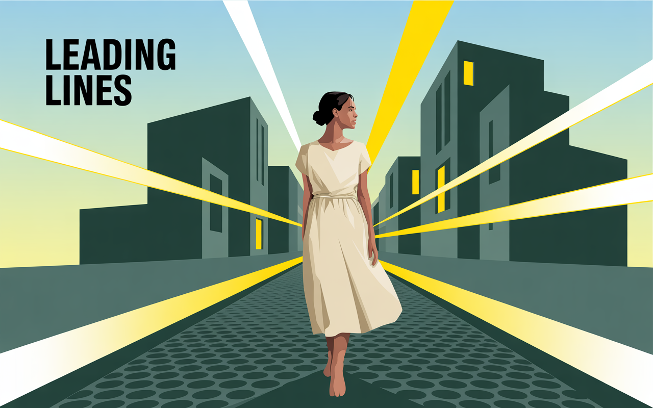 Stylized art deco illustration of person in flowing dress walking on geometric street with tall buildings and yellow beams.