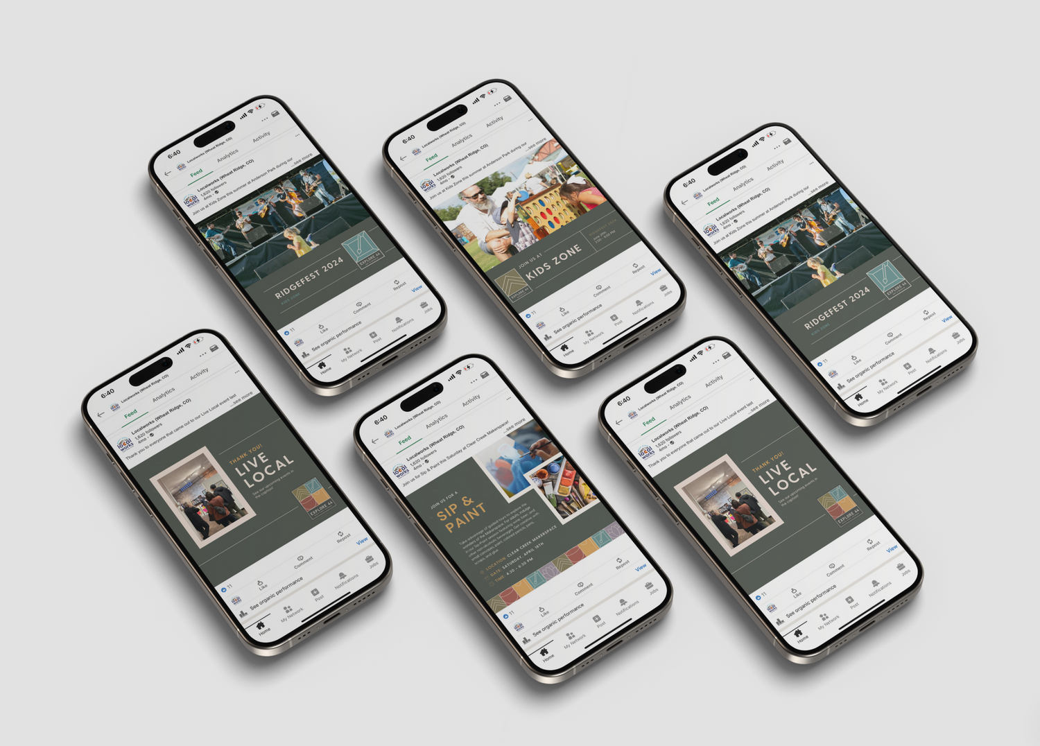 Collection of six iPhones displaying a social media app interface with various photo layouts.