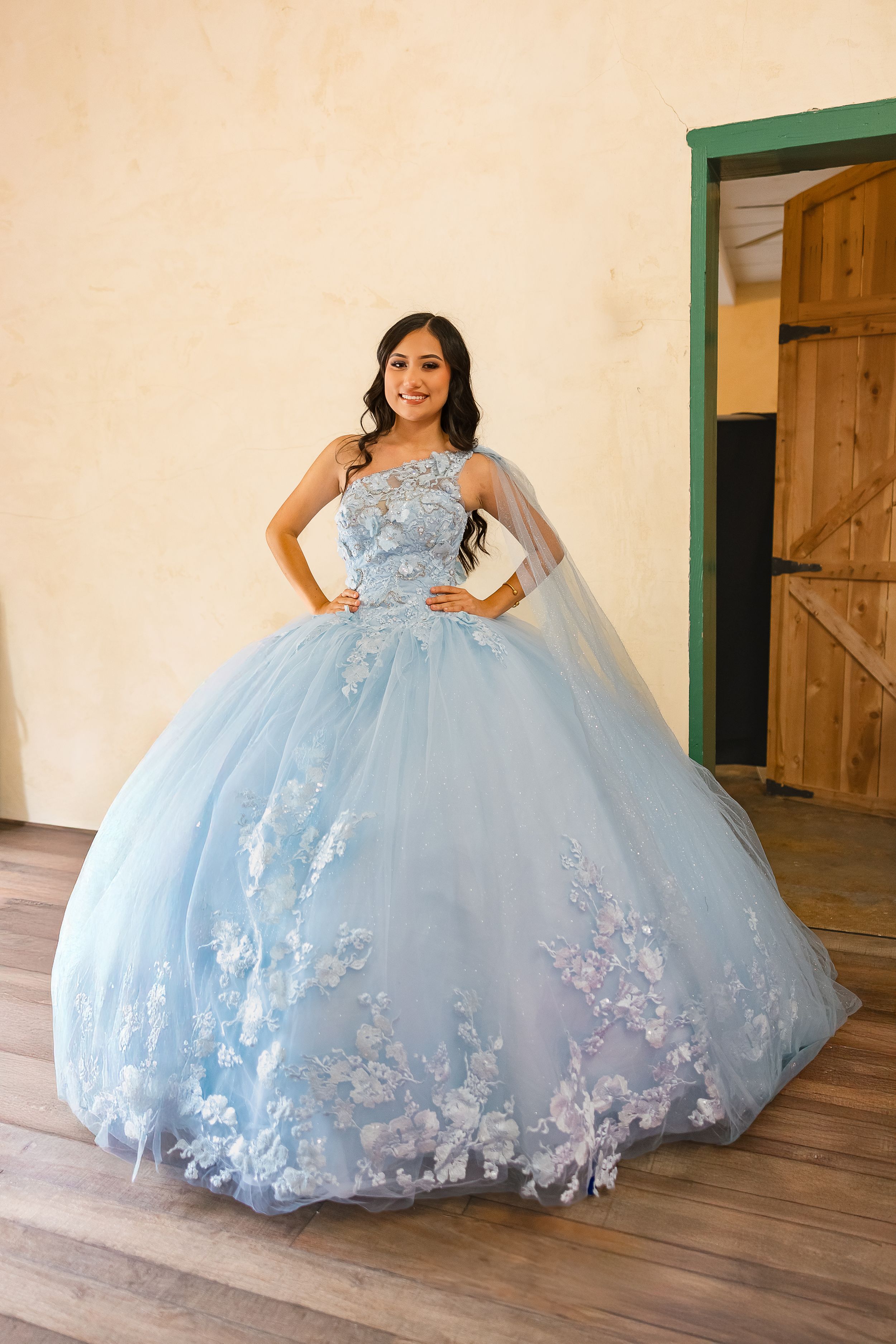 A light blue ball gown with delicate floral appliques photographed in a rustic interior setting.