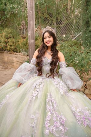 A person in a voluminous pale mint green and lavender ball gown with floral lace appliques poses outdoors with a tiara.