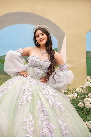 A woman in an ornate white lace ball gown and tiara poses in front of an arched entryway with blooming flowers.