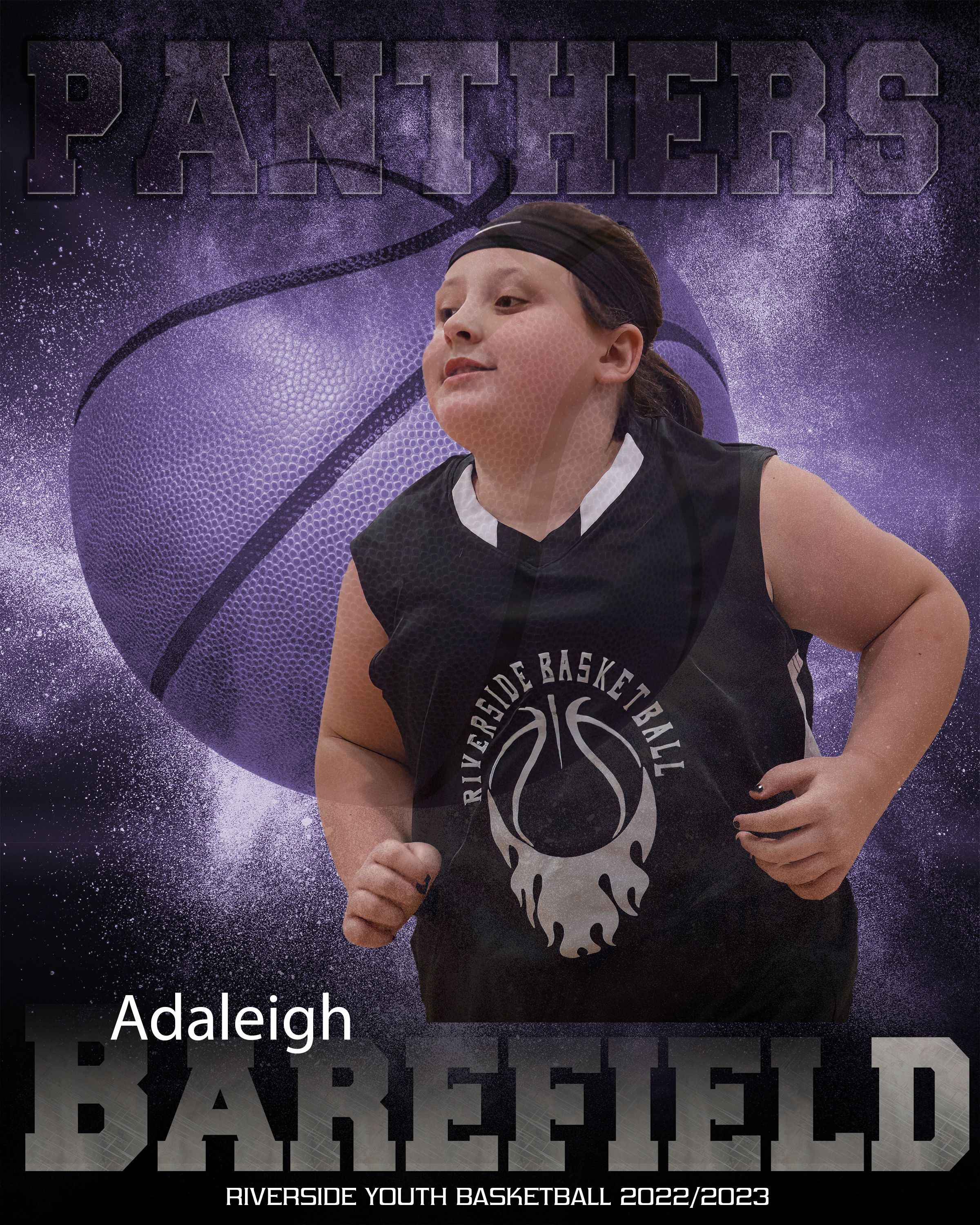 Basketball player poses against purple background with Panthers text overlay.