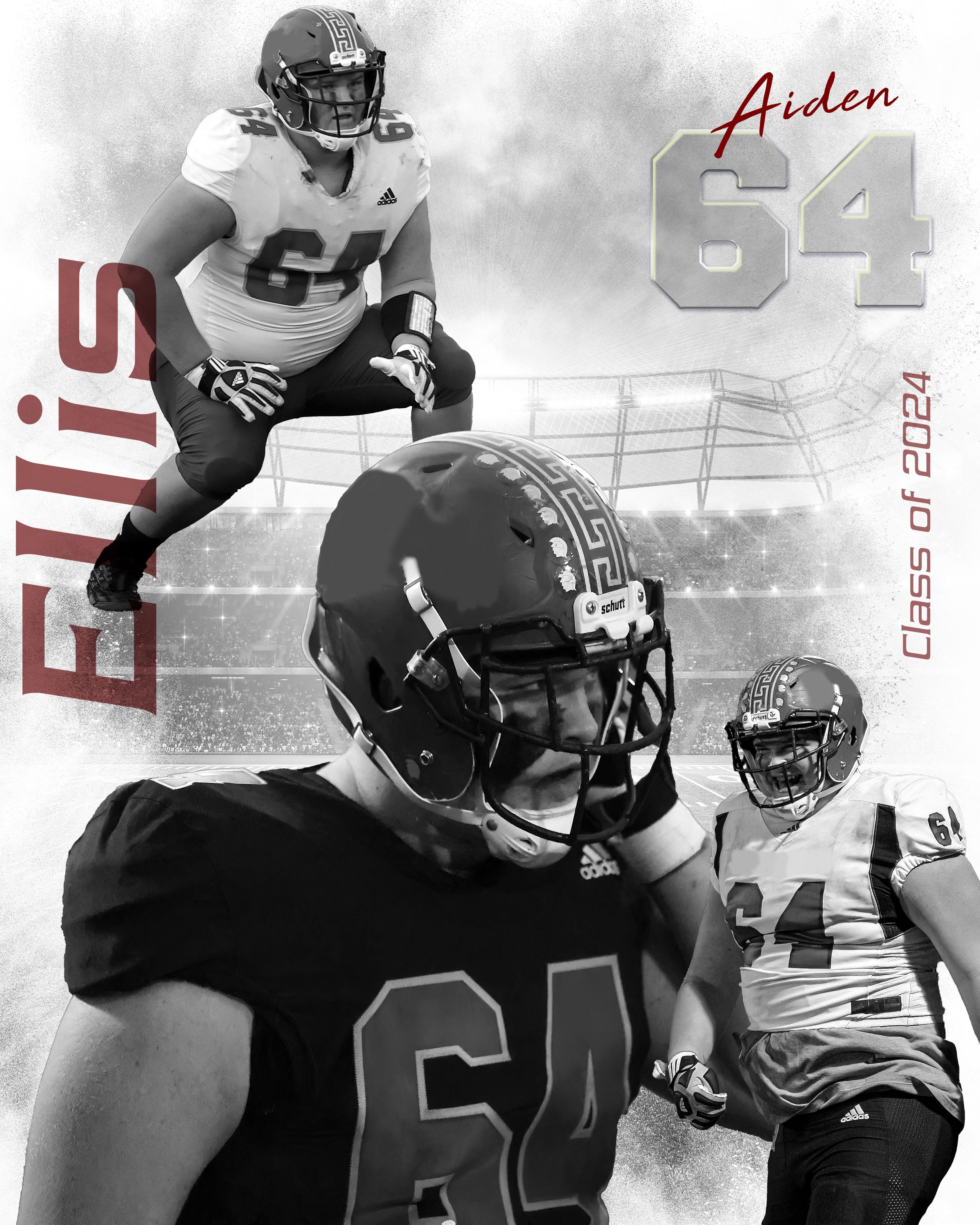 Black and white sports composite featuring a football player wearing jersey number 64 in dramatic poses.