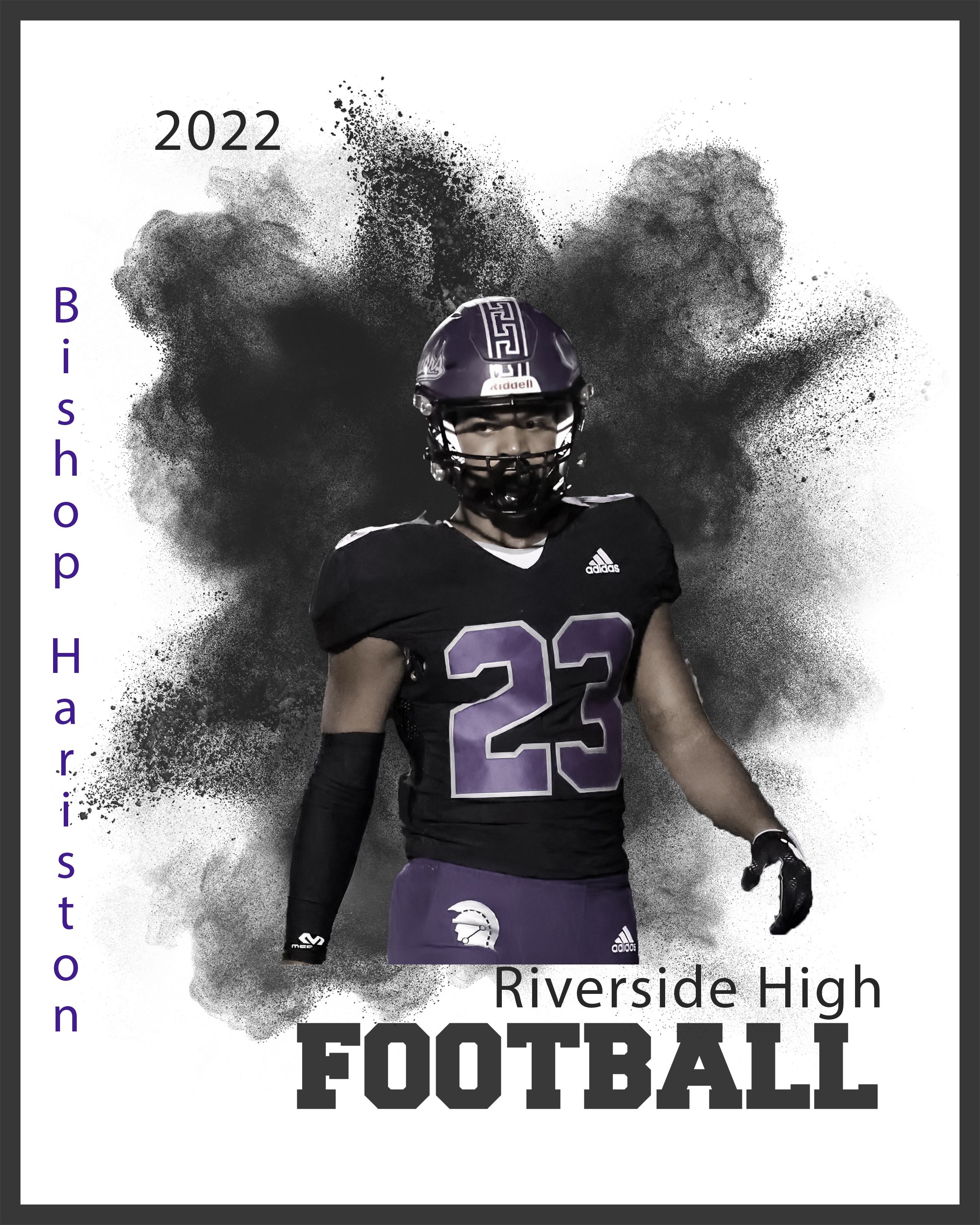 High school football player in black uniform with number 23 against dramatic smoke effect background.