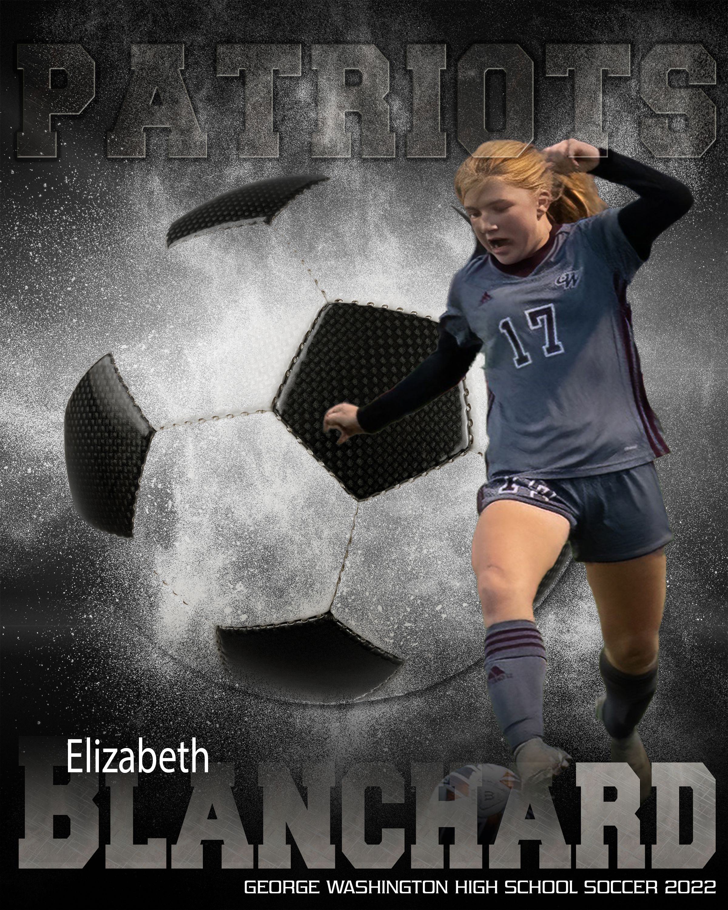 Female soccer player in action pose with dramatic soccer ball background effect.