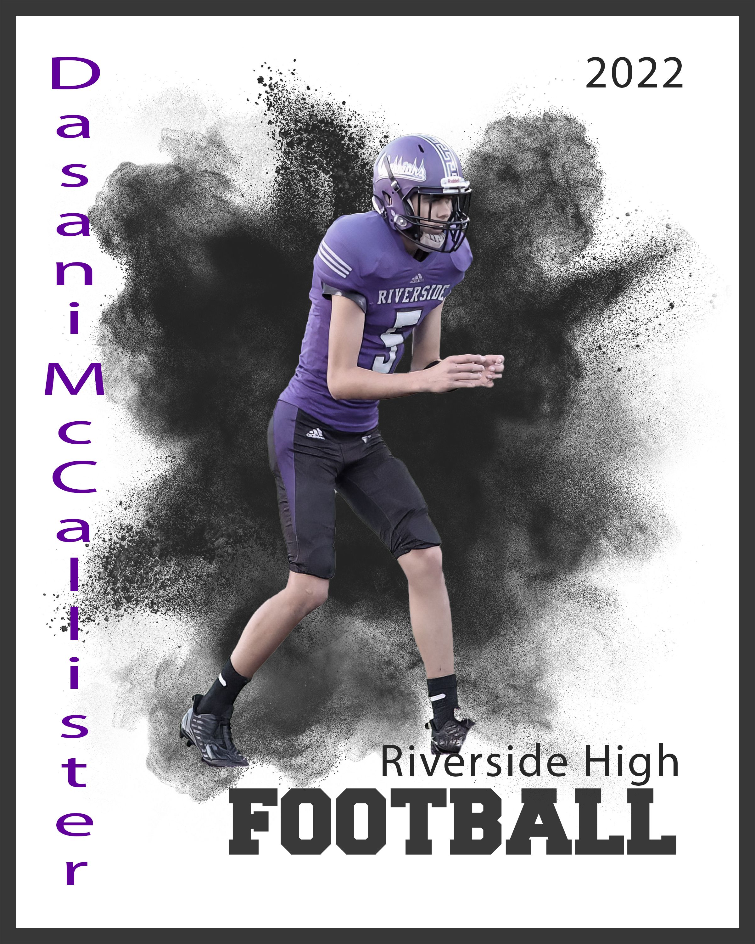Football player in purple uniform running against dramatic smoke effect background.