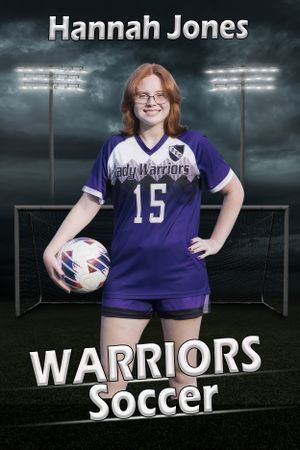 Soccer player posing with ball in front of goal posts under dramatic sky.
