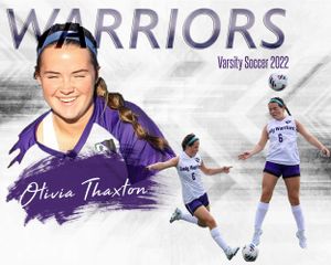 Soccer sports composite design with purple Warriors team branding and action shots on white background.