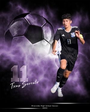Soccer sports composite with large soccer ball and purple smoke effects featuring player number 11.