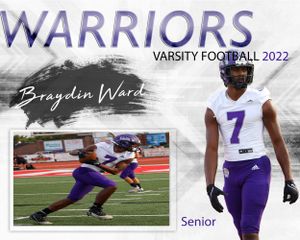 Senior football player in purple uniform shown in action and portrait shots.