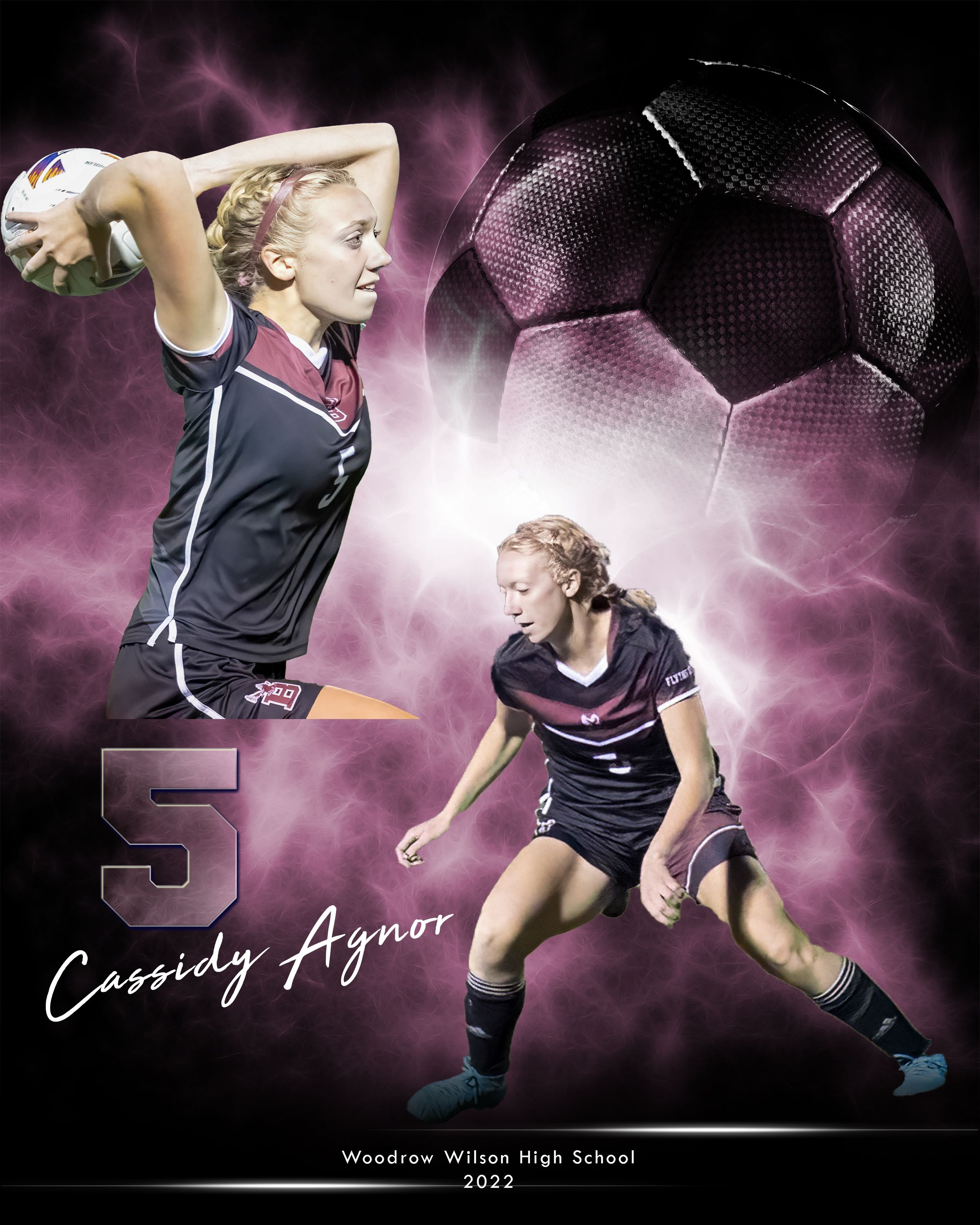 Soccer player composite showing dynamic action poses with ball against purple background.
