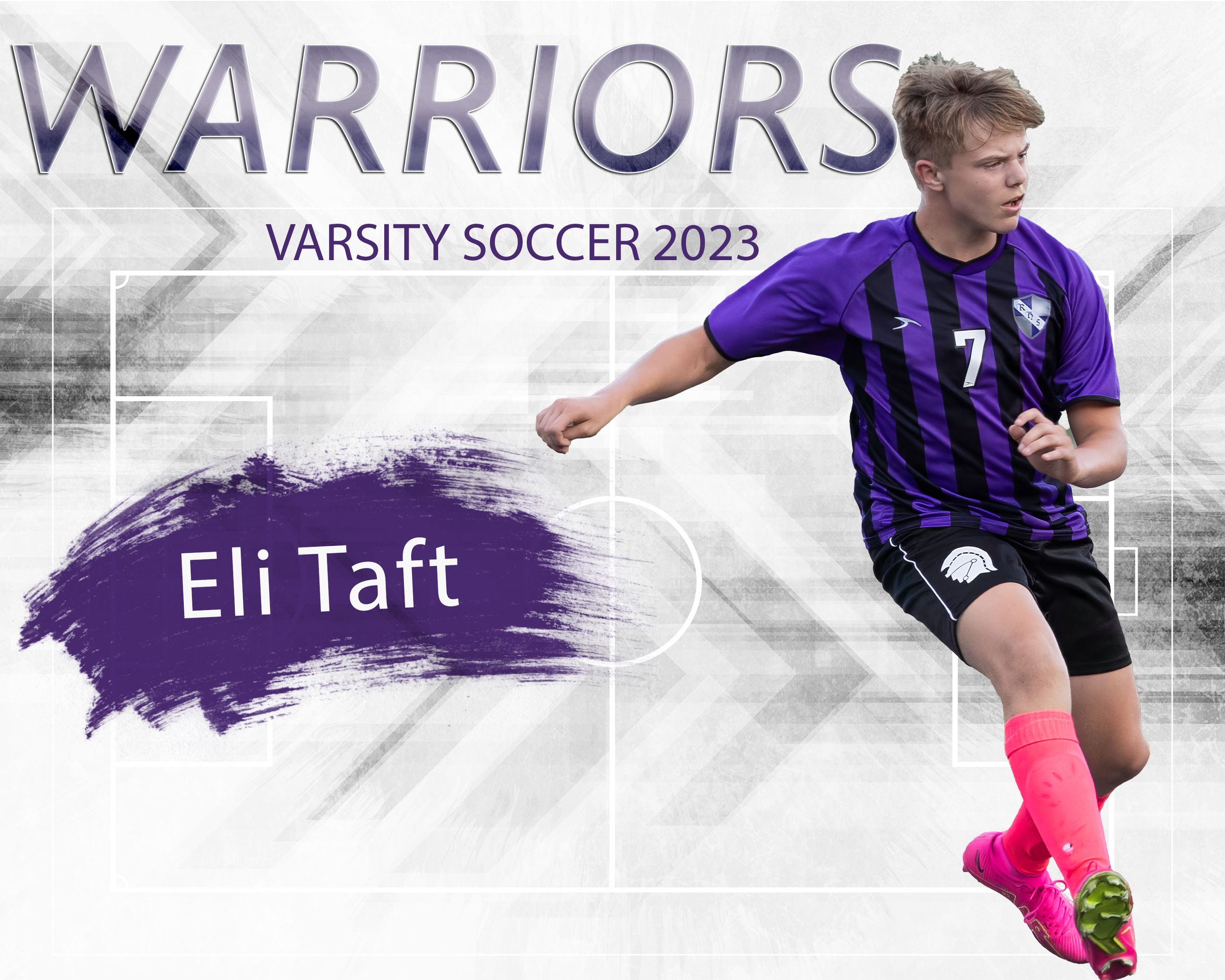 Soccer player in purple striped uniform kicking ball on white background with Warriors text.