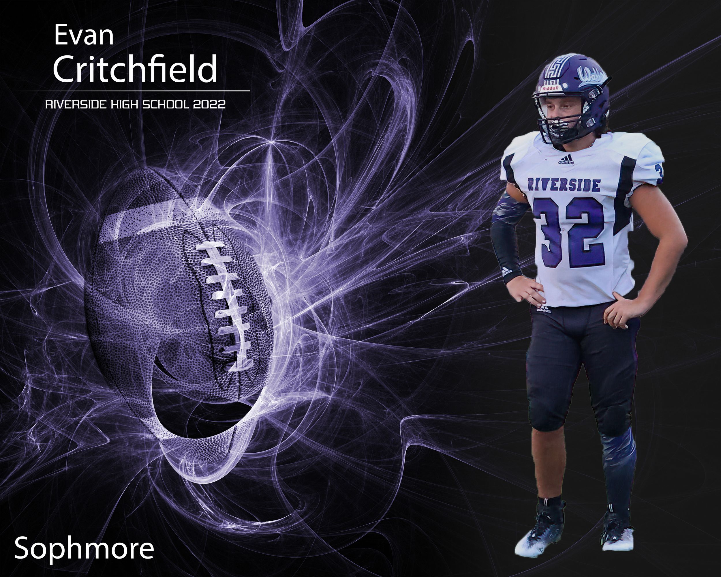 Football player standing beside glowing football effect in dramatic sports portrait.