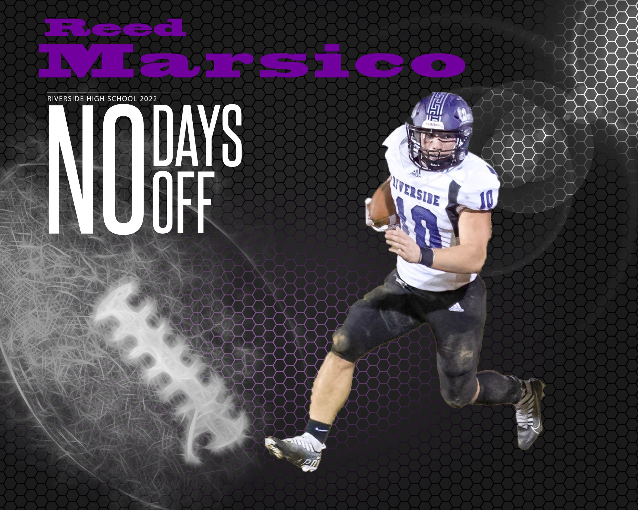 Football player in motion against dark background with No Days Off text overlay.