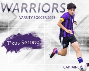 Action shot of soccer player in purple Warriors uniform against white background with team branding.