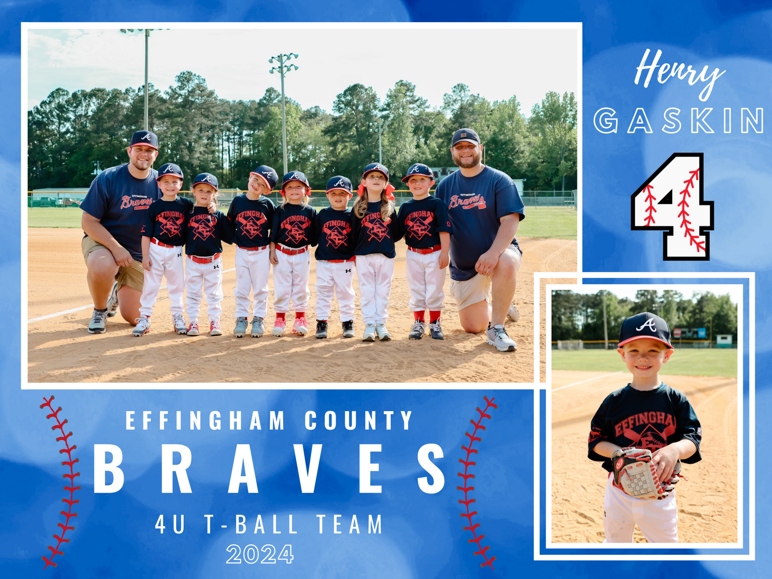 Effingham County Braves 4U T-ball team poses together in blue uniforms for team photo.