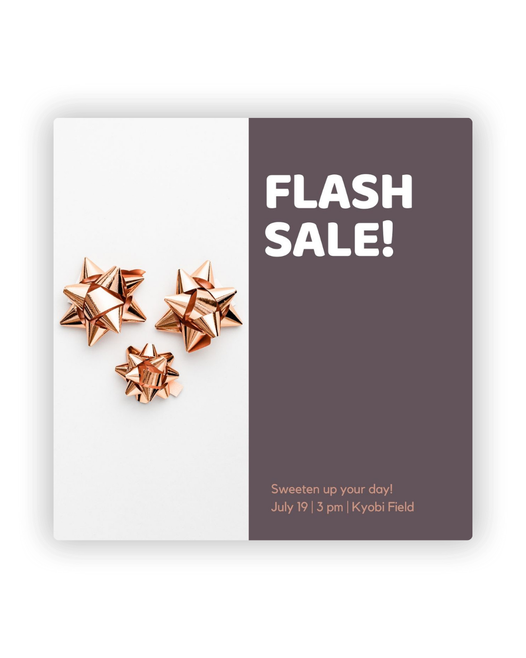 Trendy flash sale promotional social media post featuring three metallic rose gold gift bows on white background.