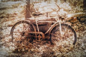 A vintage rusty bicycle with curved handlebars sits abandoned among fallen autumn leaves in a dreamy, sepia-toned scene.