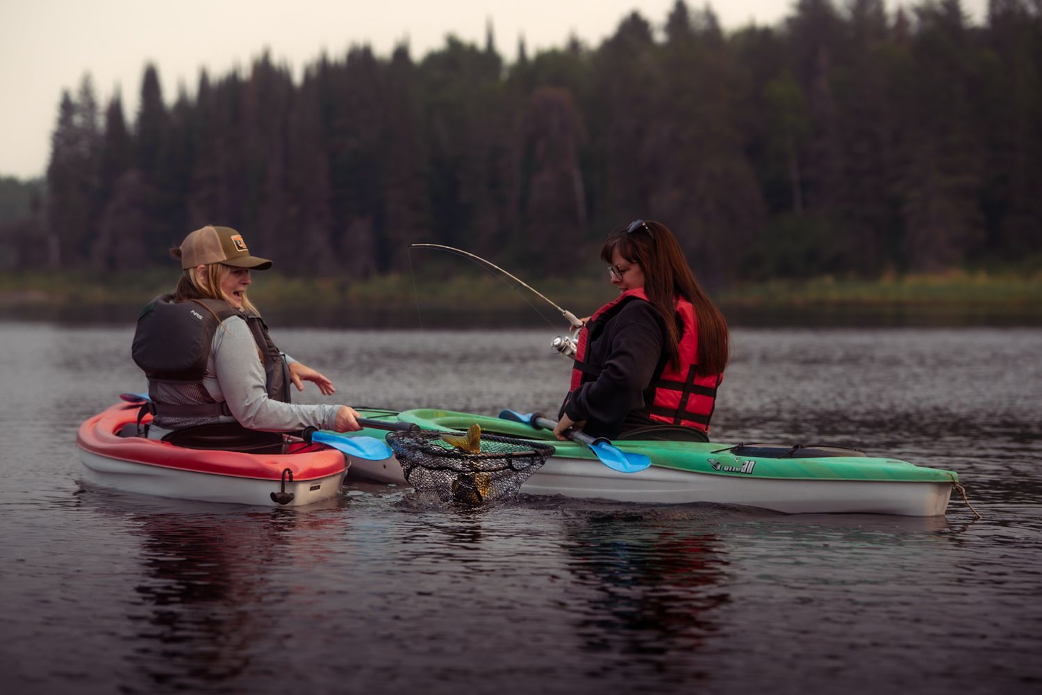 Two paddleboarders and their dogs enjoy a peaceful lake surrounded by evergreen forest on an overcast day.