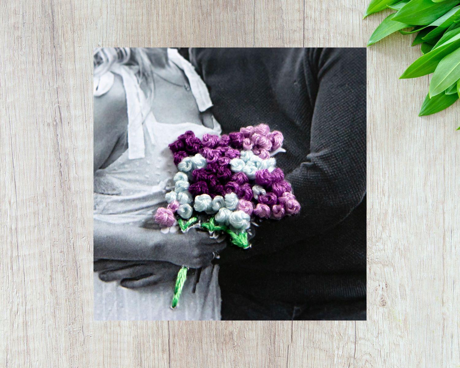A series of wedding photos showing purple flowers being held against a light wooden background.