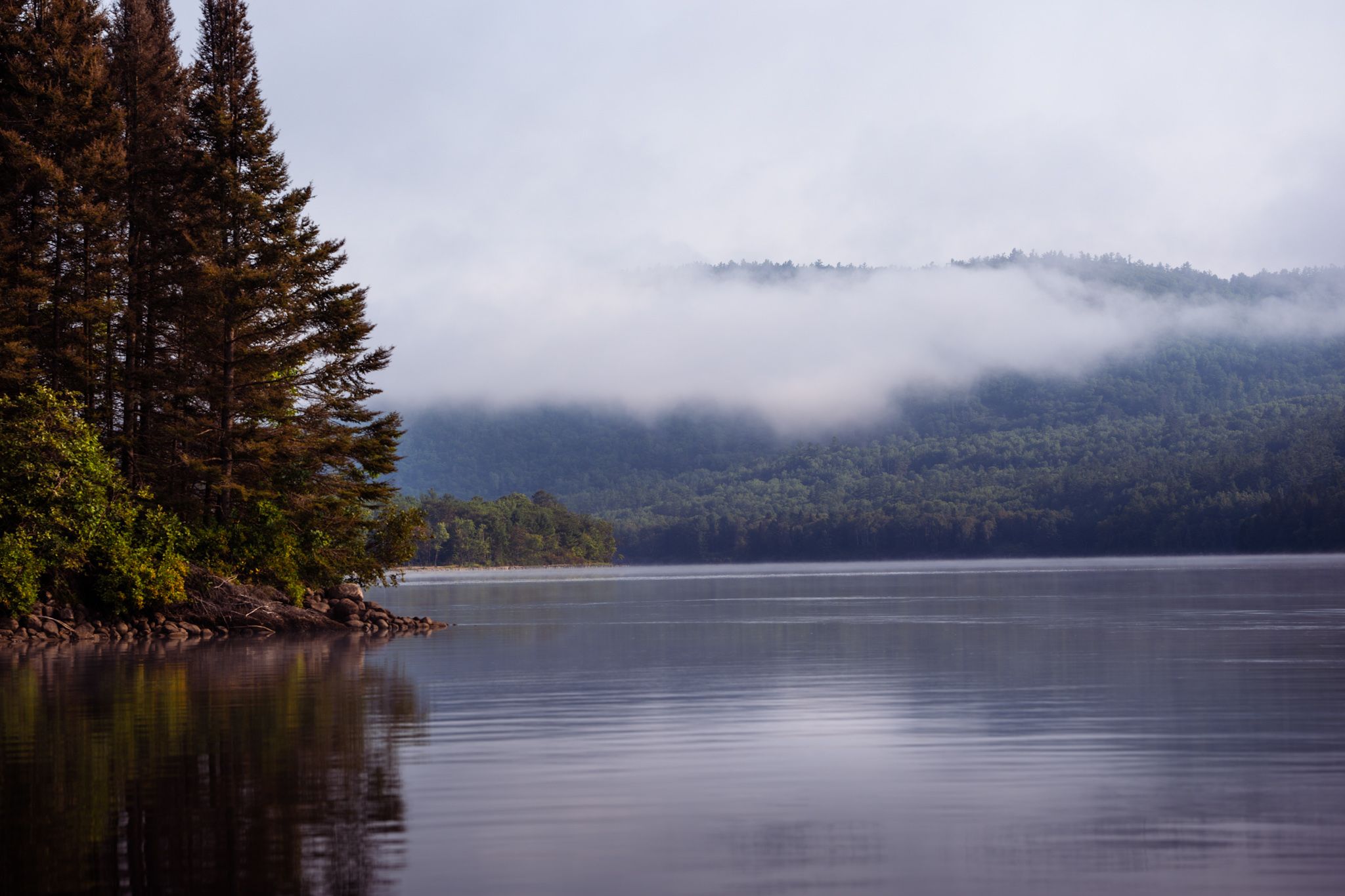 Misty mountain lake surrounded by evergreen forest with low clouds rolling over the landscape.