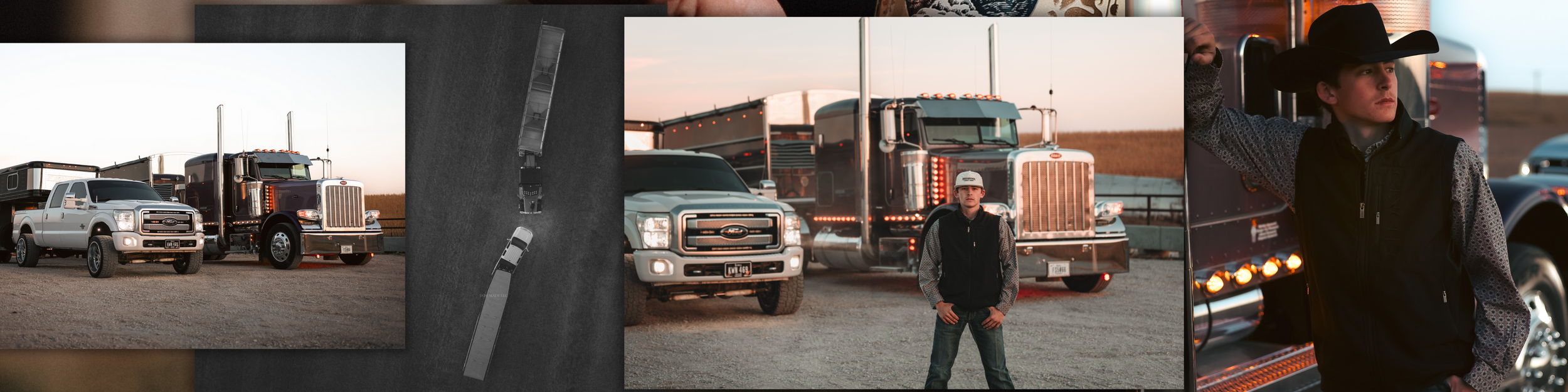 Vintage-toned collage of rural scenes with trucks and western buildings.