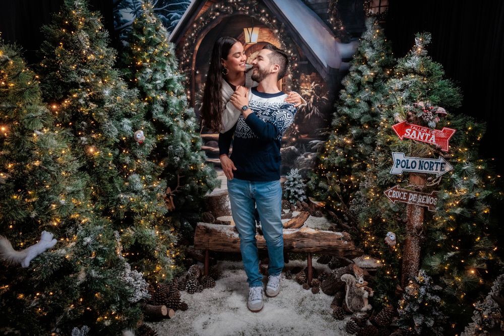 Romantic winter photoshoot scene with decorated Christmas trees and sparkling lights.