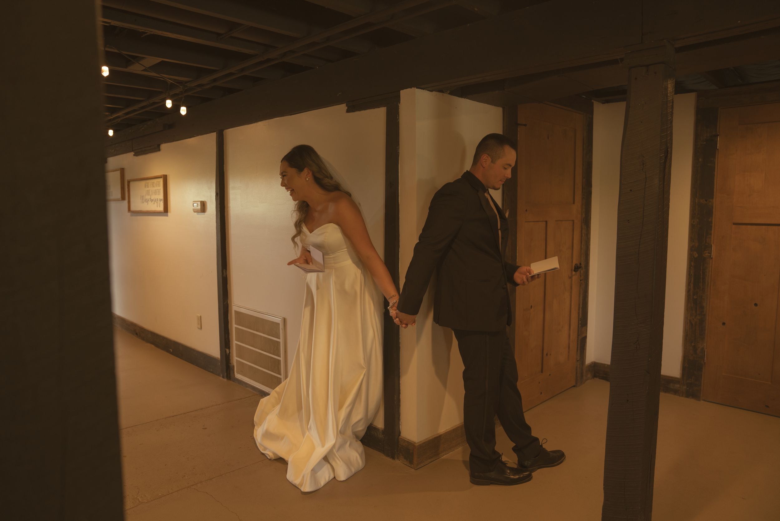 Artistic low-angle hallway shots capturing wedding day moments in muted tones.
