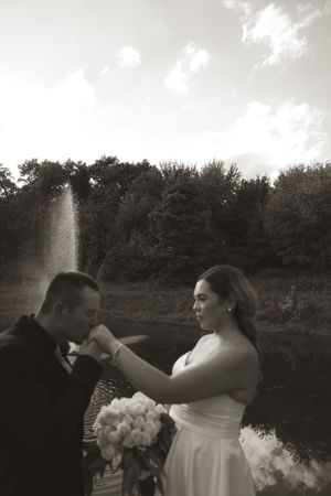 Artistic black and white sequence of romantic wedding moments outdoors.