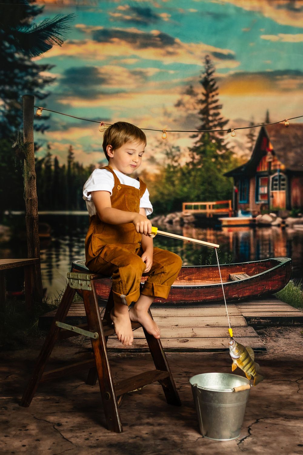 A child in overalls sits on a wooden dock at sunset fishing with a toy rod and bucket beside a rustic lake cabin.