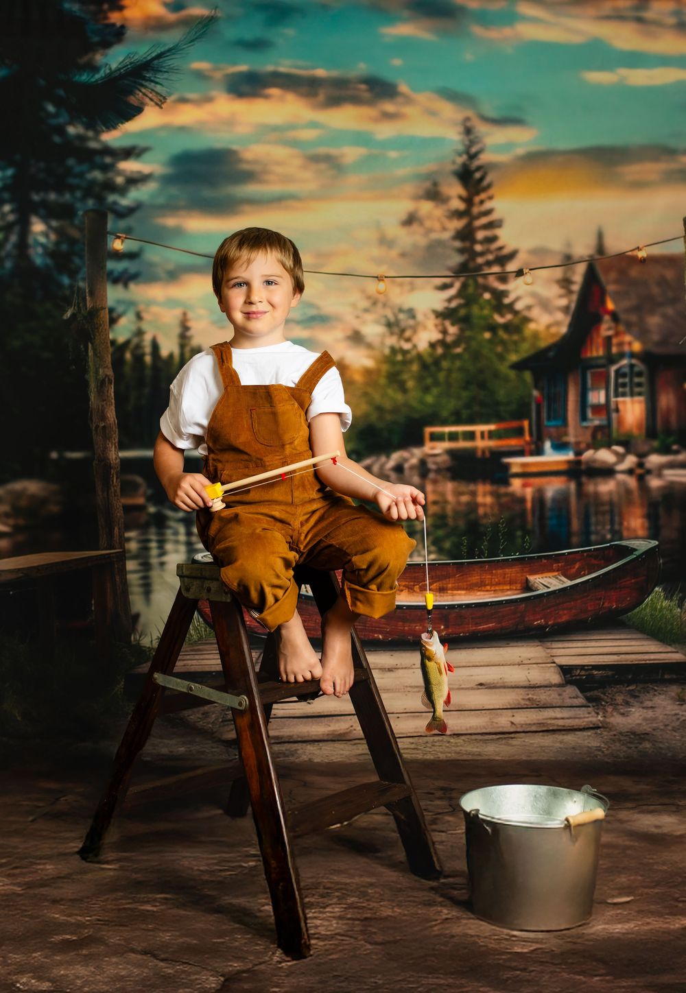 Rustic fishing scene with barefoot figure on wooden dock by lakeside cabin at sunset with fishing pole and metal bucket.