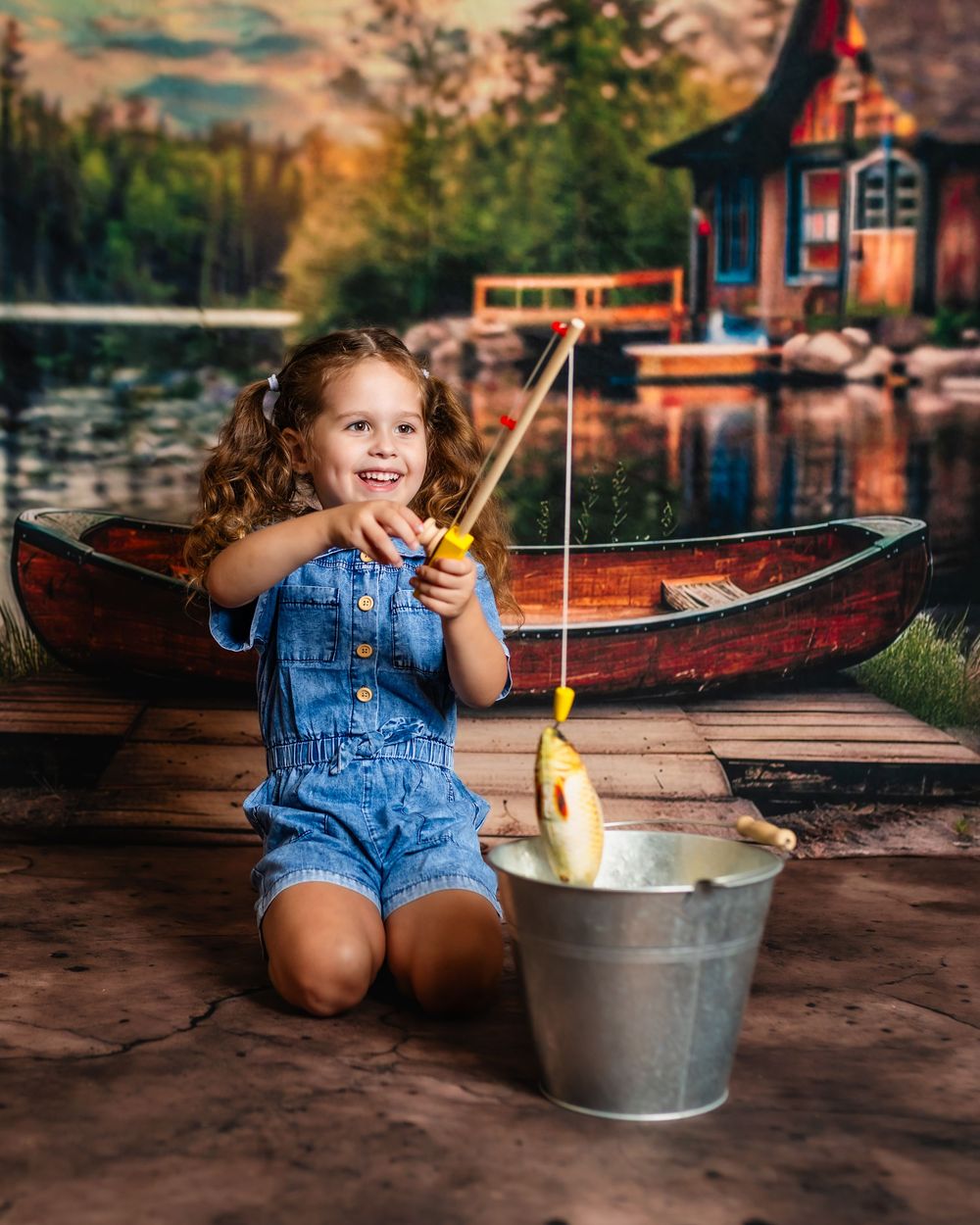 Child in denim overalls sits on dock with toy fishing pole and metal bucket near rustic lake cabin at sunset.