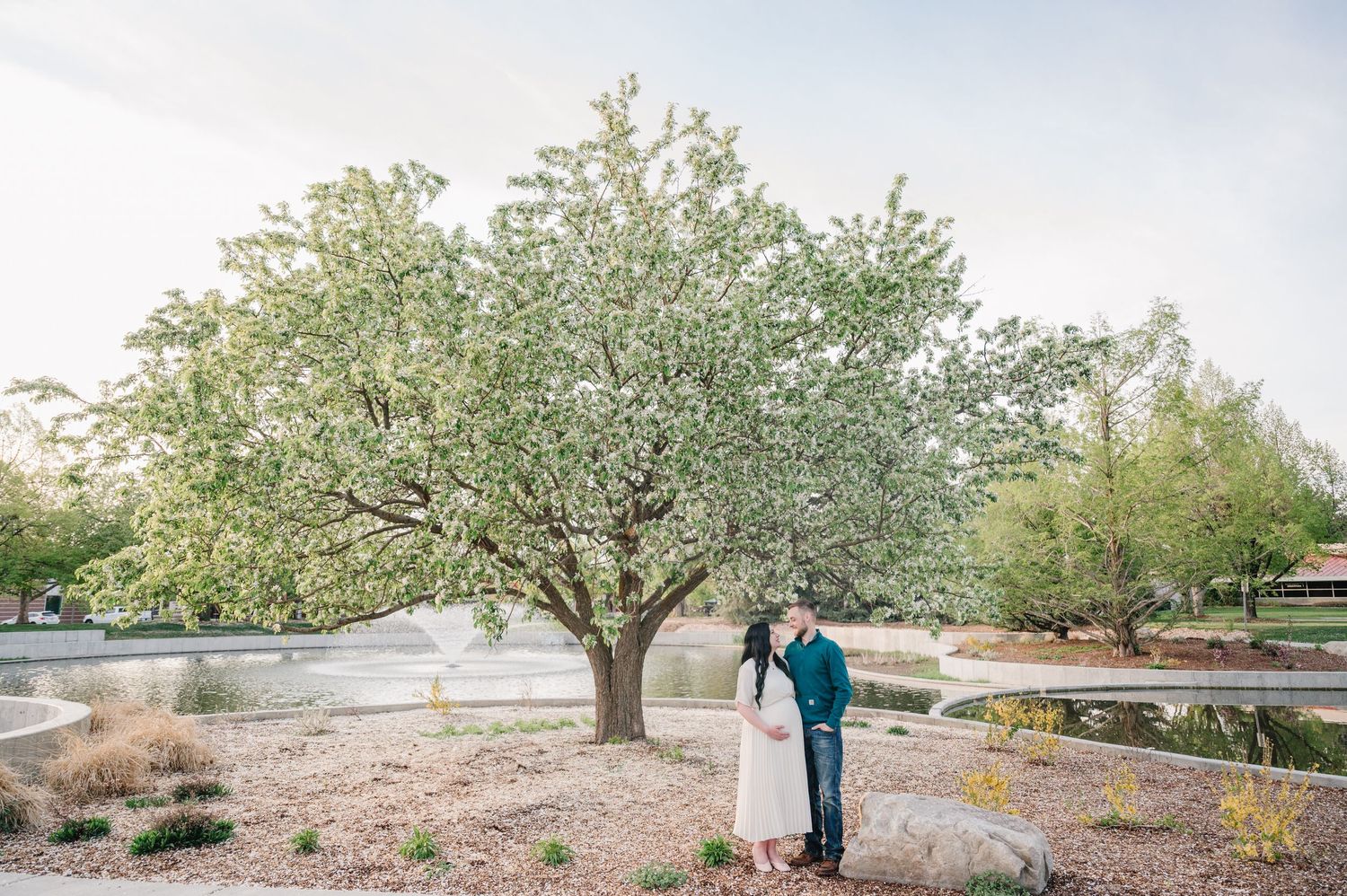 Two silhouettes embrace under a blooming spring tree in a tranquil garden setting at dusk.