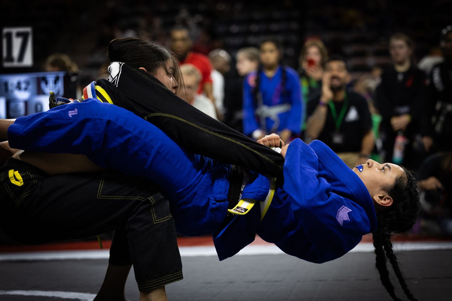 Competitors grapple on blue mats during an intense jiu-jitsu match.