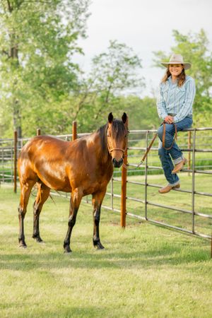 A bay horse stands by a metal fence while someone perches casually on the rail in western wear.