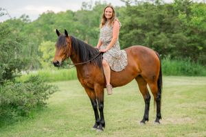 A person in a floral dress sits atop a majestic bay horse in a summer pasture.