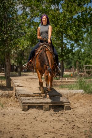 A chestnut horse and rider crossing a wooden platform on a sandy trail.
