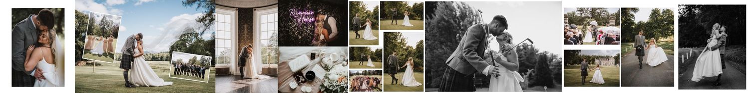 Collection of outdoor wedding photographs arranged in horizontal filmstrip style at Raemoir House Aberdeenshire.