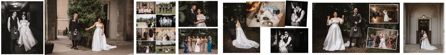 Wedding photo collage featuring indoor and outdoor ceremony moments at thainstone house hotel Aberdeenshire.