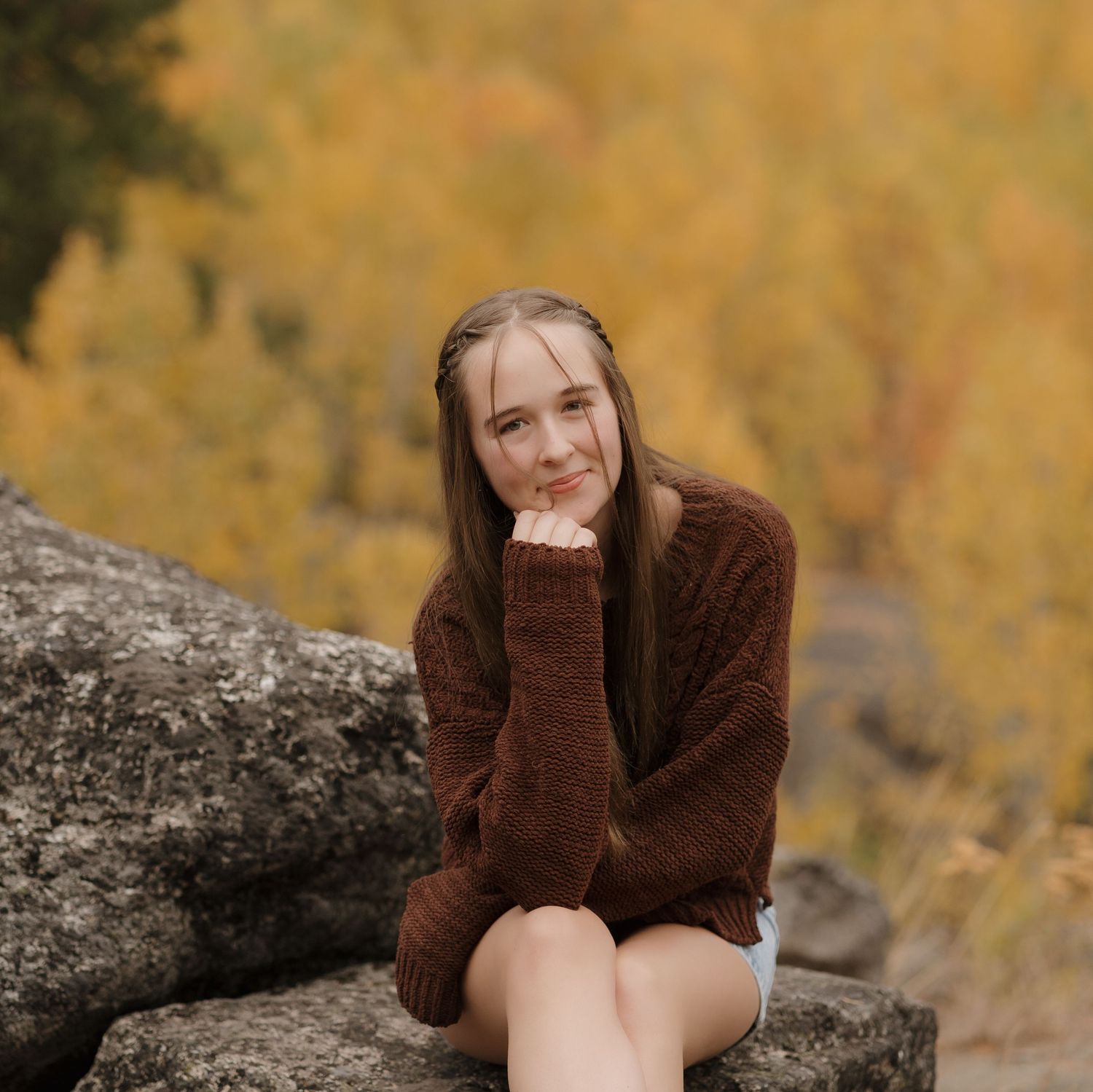 A series of autumn portraits showing someone in a brown sweater sitting on a fallen tree trunk with golden foliage in background.