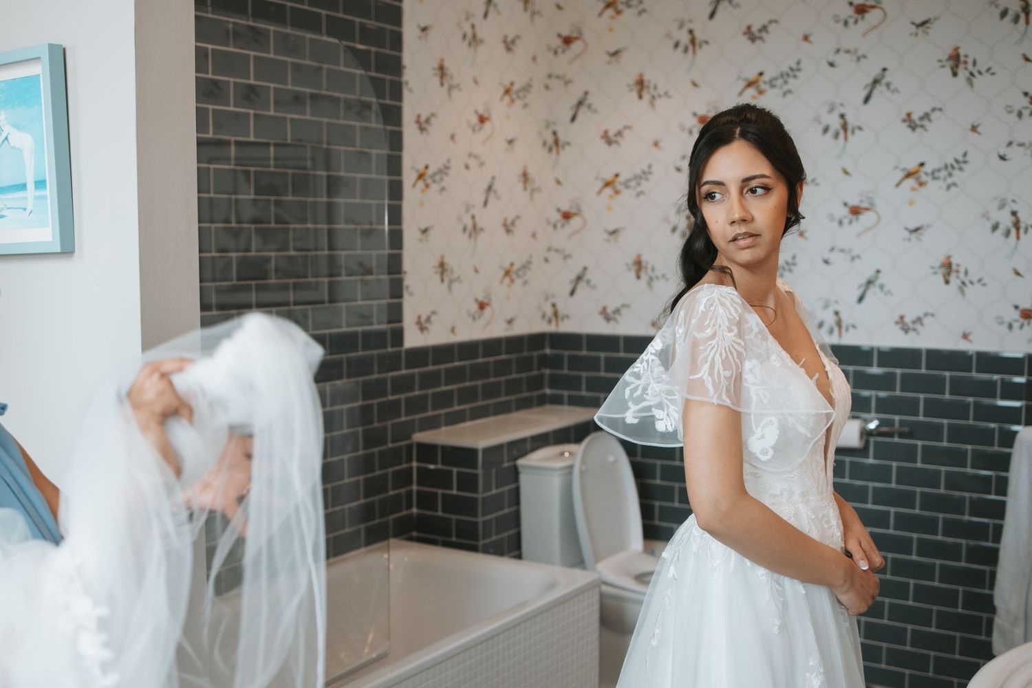 Wedding dress preparation sequence showing intricate details and adjustments.