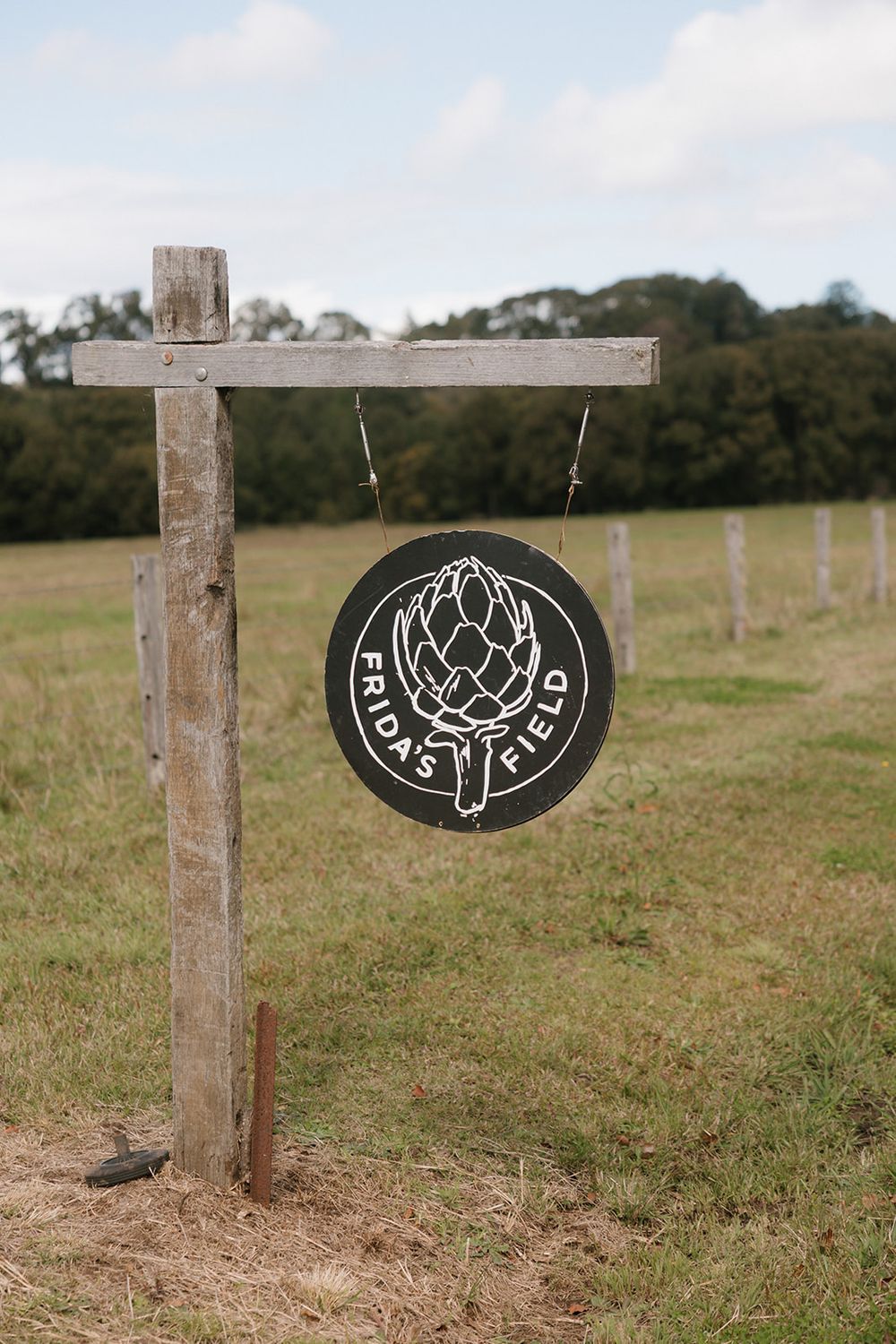 Three wooden posts in a grassy field display circular black signs with simple white graphic designs.