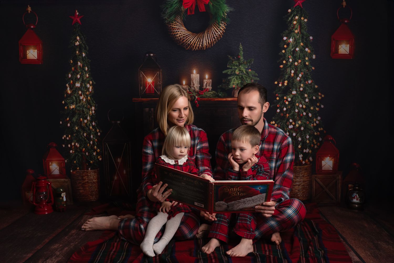 A festive Christmas photo series showing a cozy dark room decorated with wreaths, red bows, and twinkling lights.